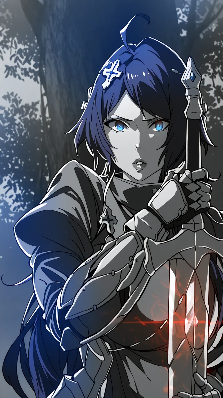 (hiiragi_yuuichi-style), (zonda_(solid_air)-style:0.8), ((anatomical correct)), vignetting, fog, ((monochrome, greyscale, manga-style, spot colors, dark-blue eyes)), (lineart:1.2), perfect body, perfect eyes, perfect fingers, gasping, heavy breathing, gasping profusely, ((skindentation)), ((curvy)), mora chester, very long hair, blue hair, head chain, cross hair ornament, ahoge, single sidelock, parted bangs, blue eyes, lips, puffy lips, thick lips, plump, (aura), (black aura:1.2), 1girl, solo, armor, weapon, sword, gauntlets, looking_at_viewer, glowing, holding, holding_weapon, holding_sword, glowing_eyes, parted_lips, upper_body, armored_dress,