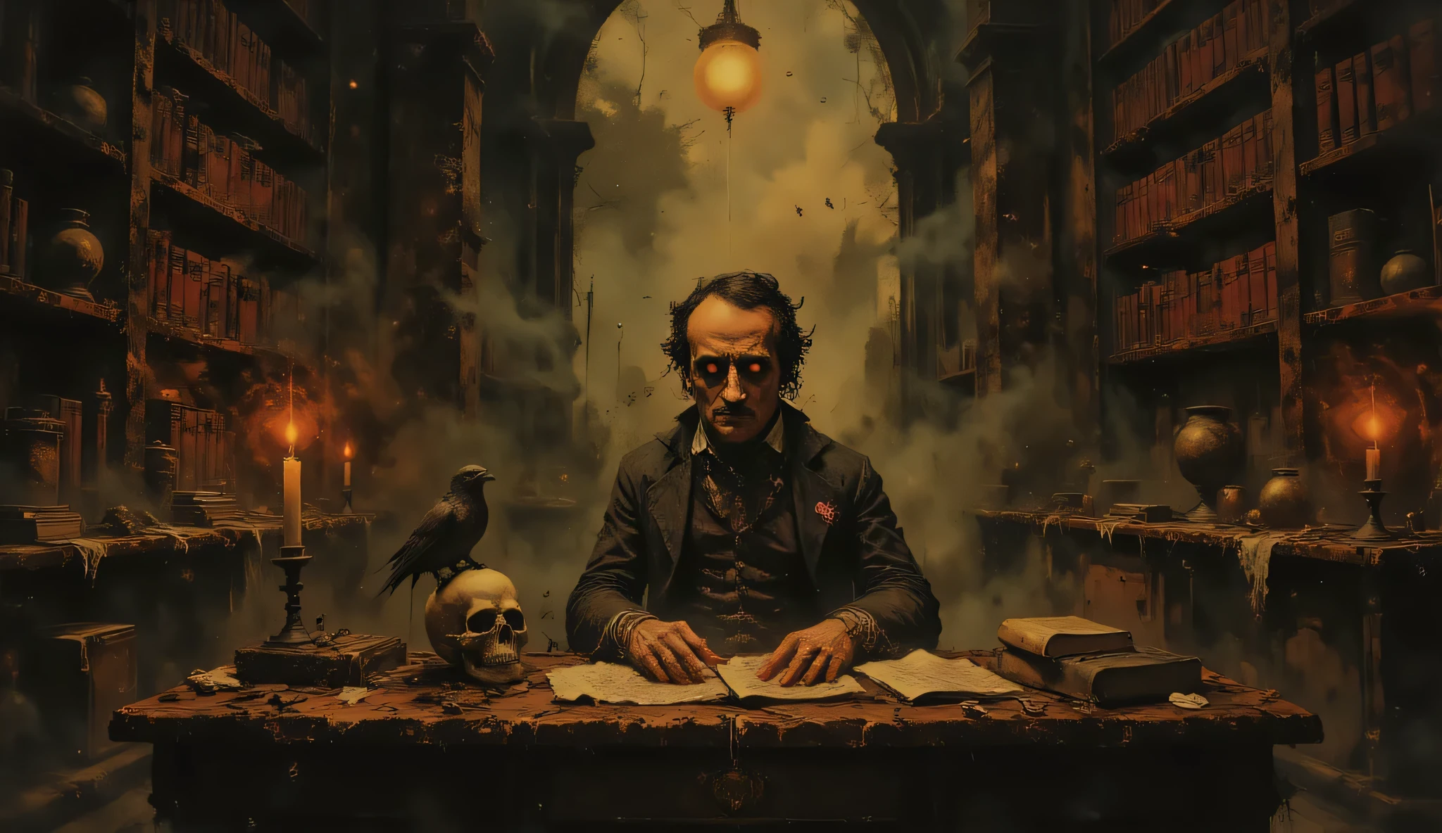 Edgar Allan Poe sitting at a desk in a Gothic library, a raven is perched on a human skull sitting on his desk, Gothic fantasy, high detail, masterpiece.