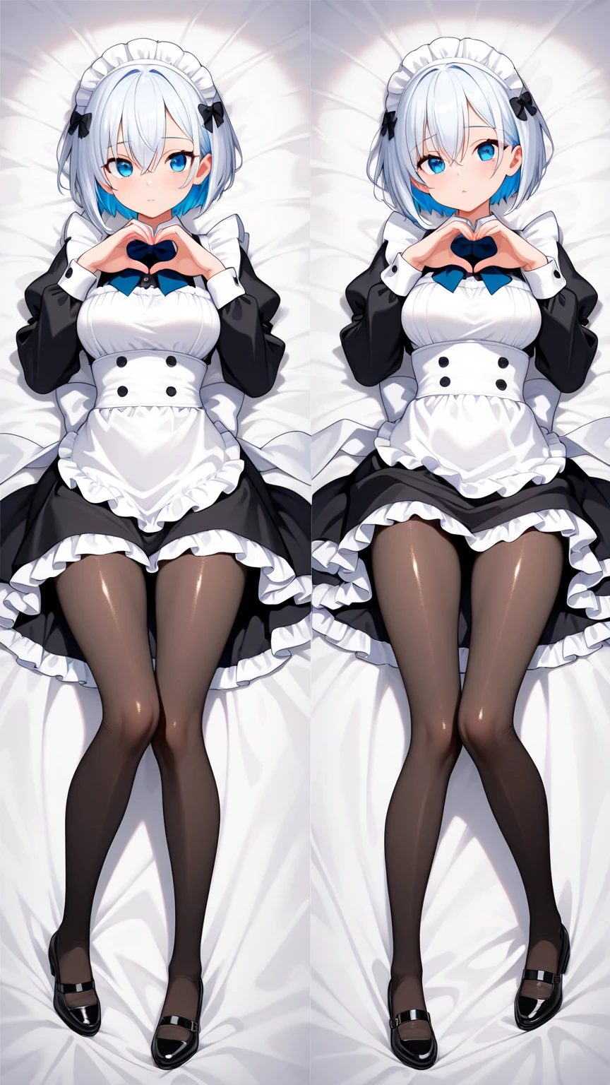 1girl, breasts, looking at viewer, blush, short hair, open mouth, bangs, blue eyes, large breasts, thighhighs, gloves, dress, cleavage, hair between eyes, blue hair, collarbone, full body, short sleeves, lying, frills, choker, puffy sleeves, white gloves, on back, apron, black dress, puffy short sleeves, maid, maid headdress, multiple views, bed sheet, black choker, no shoes, covering, waist apron, white apron, maid apron, dakimakura (medium)