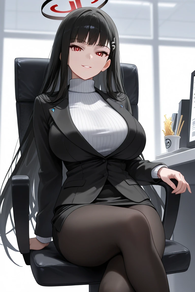 masterpiece, best quality, highres, 1girl, chabashira sae, high ponytail, suit, jacket, cleavage photorealistic, sitting on chair