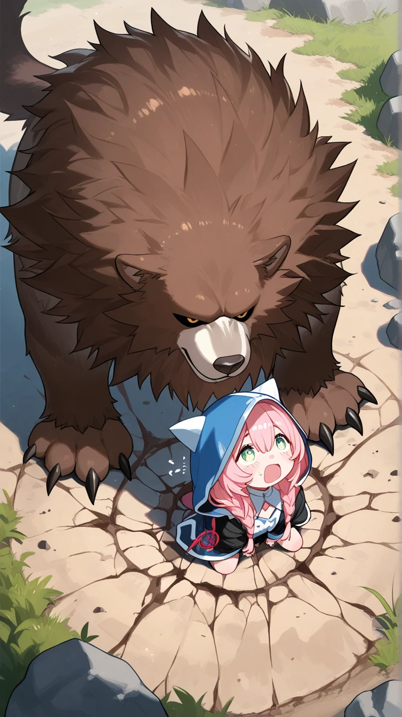 masterpiece, best quality, , small ass, climbing, torn skirt, torn white bloomers, bare ass, black hair, blue eyes, cute, bite marks on ass, torn black socks, red sneakers, red backpack, (ass chewed by wolf), blush, embarrassed, looking back, long hair