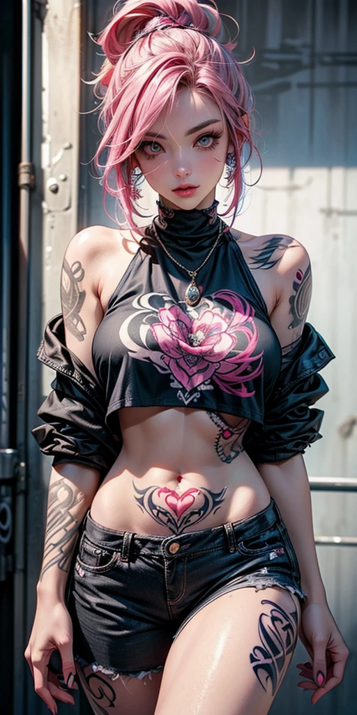 Pink Hair, Perfect Style, Beautiful Face, Highly detailed face and skin texture, (Maximum resolution: 1.2), 1 female, alone, Hip Up, jewelry, (((She has many tattoos all over her body)), Streetwear, I&#39;Exercising at the gym, Pink Hair, Shorts, Sports boots, (((Tight waist))), ((Big Breasts)),NSFW