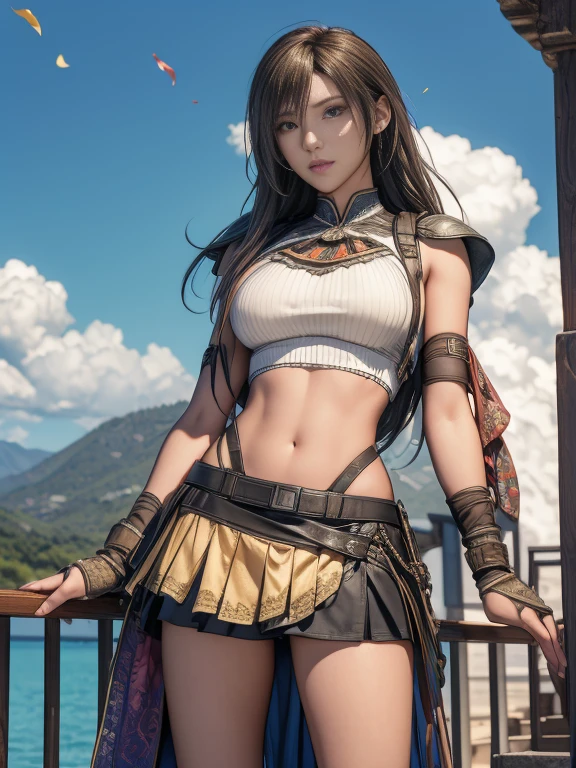 Highest quality, Official Art, masterpiece, Fabric Shading, High resolution, Very detailed, colorful, Best details, Fantasy, Combat Uniform, Tifa:1.5, 1 female, Age 25, Golden Hair, Long Hair, Hime cut:1.2, Highest quality, Official Art, masterpiece, Fabric Shading, High resolution, Very detailed, colorful, Best details, Fantasy, Bloomers,1 female, Age 25, Standing on the stairs, A castle town with an old castle view, sunny, Random Hair, Large Breasts, skinny, Surrounded by a lot of people:1.9, Confetti falling, Blessed, Welcomed:1.5, Camel Toe:1.3, Ground Level Shot,random color micro panties:1.9,