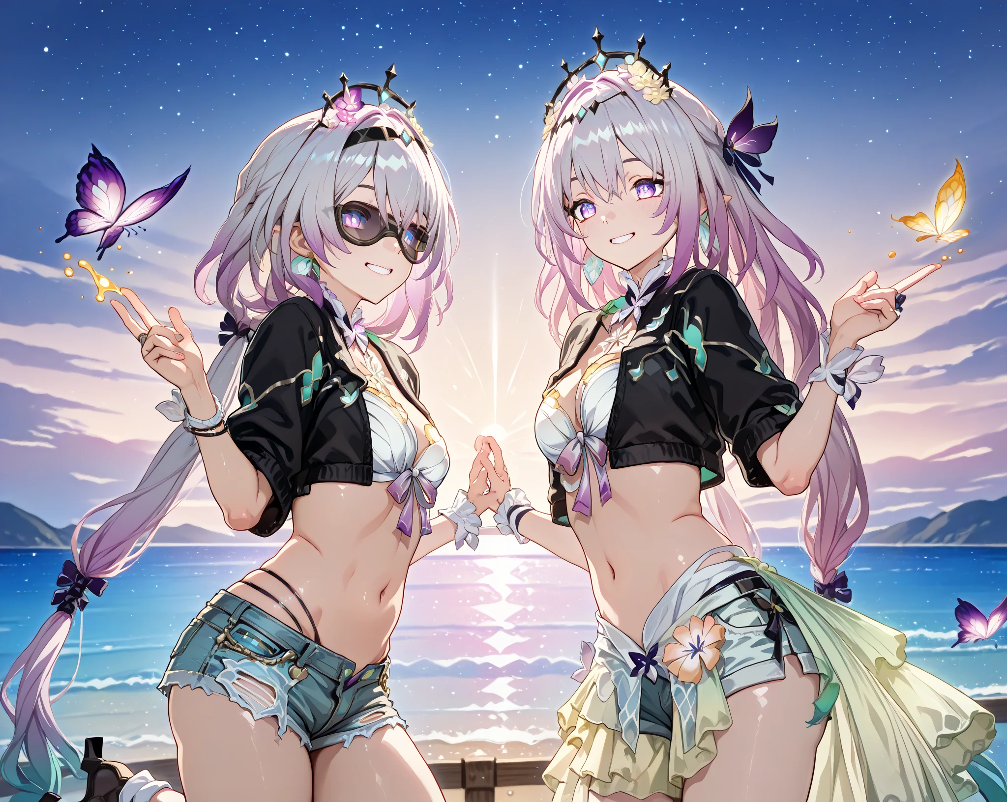 best quality, (masterpiece),(ultra-detailed), (high quality), (high resolution), (2heads:1.5) (violet hair), (green eyes), best quality:1.5, highres, UHD, 4K), smiling, best quality, highres, masterpiece, best quality, 4k, handbag, ponytail, tank top, necklaces, jewlery, micro skirt, wide hips, gyaru, hair ribbon, holding t shirt, ((holding a martini)), ((on a cruise ship))