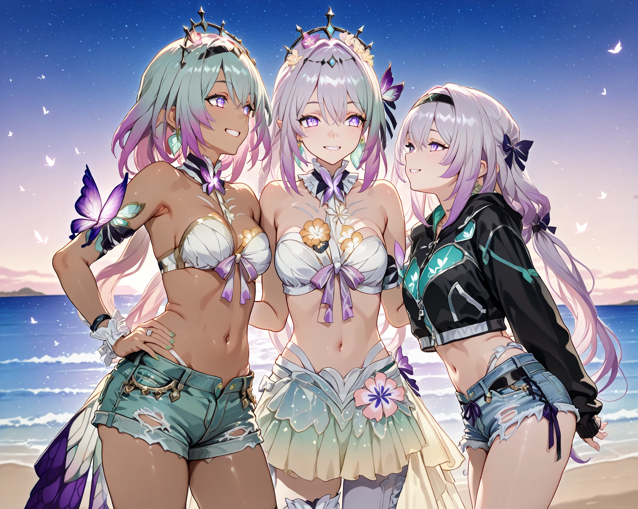 She has long lavender hair with an orange and green flower ornament and a star-shaped clip. Her eyes are bright green, and she has a cheerful expression. She is wears a swimsuit with white and purple elements, blue bows, and frilly edges. Accessories include a bangle on her left wrist. The color palette creates a harmonious look, giving off a fun and playful summer vibe. She is in the sea where the night stars shine brightly. She has one angel wing on her back. midnight