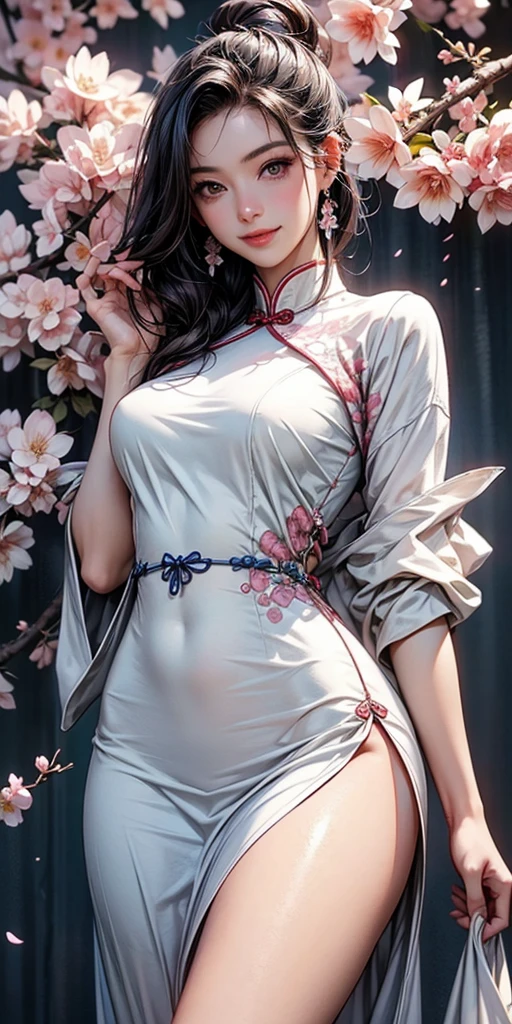 (masterpiece、highest quality)、(Photorealistic:1.4)、 Mature Woman, Beautiful thighs、Front view、1 girl、30 years old、Perfect Face、Symmetrical cute face、(Bun Hair、Black Hair)、Big eyes、Long eyelashes、((expensive))、Beautiful Hair、Beautiful Face、Beautiful and beautiful eyes、Perfect Proportions、Beautiful breasts、Beautiful feet、Beautiful fingers、((High quality fabric、floral pattern cheongsam、Skirt flip))、(To the hospital)、Are standing、 (smile), (((Skirt lift with both hands、Panties and pantyhose are visible)))