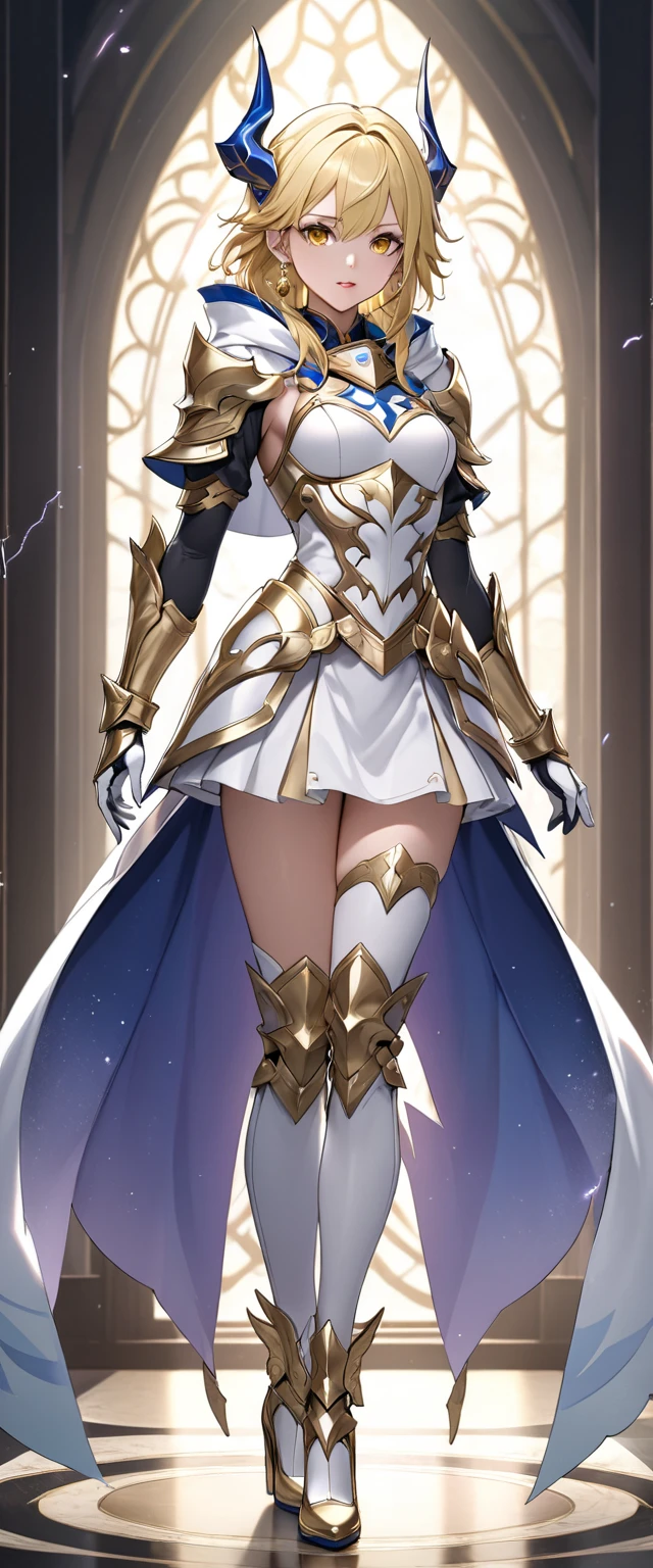 ((masterpiece:1.2)), ((highest quality)),((three-sided view, front view, side view, back view, multiple views, multiple poses and expressions, many parts)), concept art, character concept art, character sheet, (masterpiece), best quality, 1girl, solo, a girl in armor and a crown,white armor, golden decoration, off-shoulder, breasts, thighhighs, long hair, brown hair, sidetail, green eyes, armor boots, cleavage, bare shoulders, zettai ryouiki, crown, gloves, armor, simple background, white gloves, biue dress, high heels, shoulder armor, medium breasts
