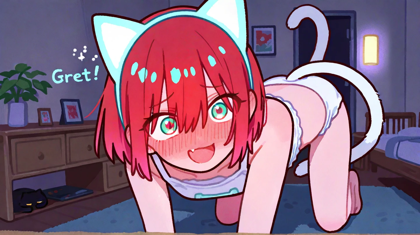 (masterpiece:1.2,high quality),8K,High resolution,A -year-girl,e girl,Hinata Hoshino,Orange red hair,short hair,Unilateral side ponytail,cat ears,(light red eyes,heart-shaped pupils),clenched teeth,tears,heart ahoge,lying on the bed,White shirt,Blue and white striped panties,white stockings:1.6,Primary scho,((Hand in own pantie,hand in panties,One hand in the panties))