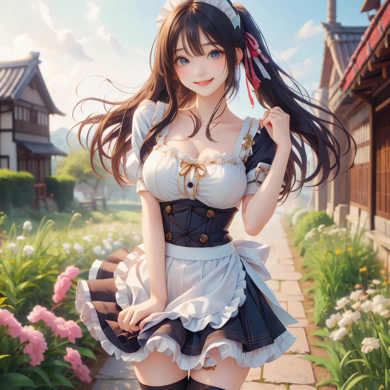 anime style, Beautiful girl, high quality, big boobs, cheerful, greeting, morning, smile, white frilly dress, mini skirt, bow, tights, fascinator, braid, sunny, from behind, sunshine,