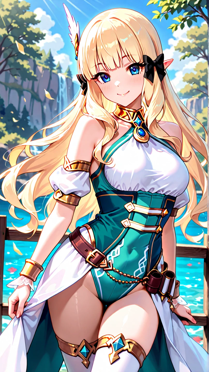 (top-quality、​masterpiece、high-level image quality、Super delicate)、((a beauty girl))、(Blonde white ribbon twintails、Long bangs)、(Green eyes)、a choker、breasts of medium size,、(pure white dress like a goddess)、(Ice Magic)、Ice Wand、cool expression、Sorcerer