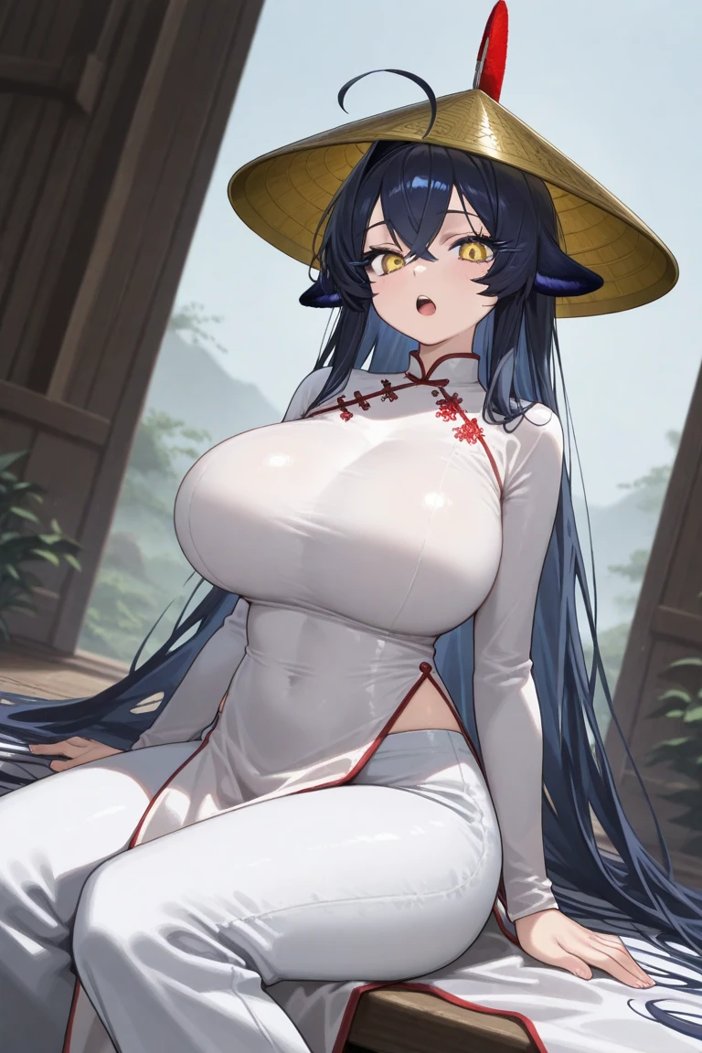 {{{masterpiece}}}, {{{best quality}}}, {{ultra detailed}}, {cinematic lighting}, {illustration}, {beautifully detailed eyes}, {1 girl}, extremely detailed, 1 girl , alone, A beautiful samurai warrior, blue hair in a long ponytail, wearing a black and white kimono, warrior, serious, brown eyes, with ((((((( huge fake breasts：40.7 ))))), hourglass figure, facing viewer, outdoors, background forest, highly detailed face and clothing, slightly narrow eyes, perfect face, white skin, hair bangs, long hair, cowboy shot, noble beautiful, traditional Japanese clothing, samurai woman