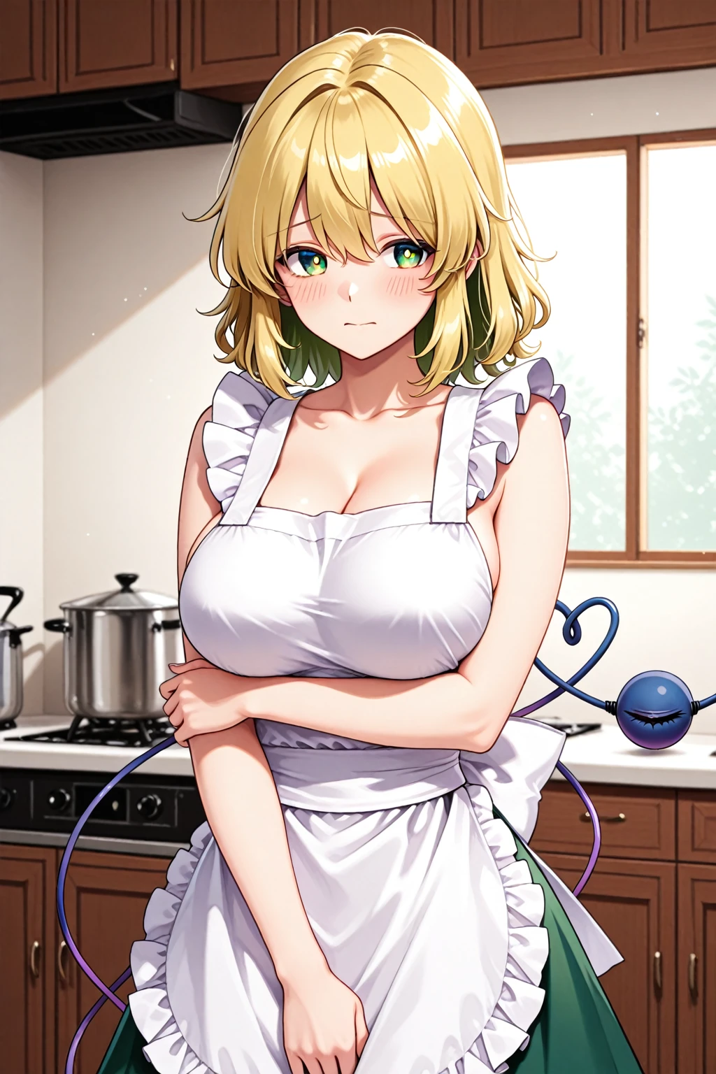 Highest quality, masterpiece, detailed,
memcho,
Open your mouth, :3, Happy,
short hair, Blonde, Multicolored Hair, Aqua Eye, Blunt bangs, horn,, clavicle, Puffy sleeves,Are standing, Looking at the audience,Huge breasts:1.5、
indoor、T-shirt maxi(tight)dress:1.5、The whole body is visible、Cleavage