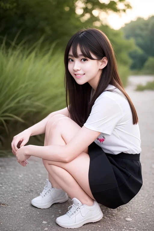 ((Mejor calidad)), ((obra maestra)), (detallado), cara perfecta ((Best quality)), ((masterpiece)), (detailed), perfect face In the photograph you can see a young brunette with dark hair, smiling, with bulging brown eyes and beautiful red lips. girl with princess appearance. Long wavy red hair. Wear red shorts and a white collared t-shirt, short socks, and blue shoes or sneakers. She is slim and has a beautiful figure, (((beautiful slim legs))). The photograph is taken in the garden, (((with yellow cinematic light at dusk))) the camera used is an X2D 100C with a 50mm Carl Zeiss Planar lens, photographing at f1.8.