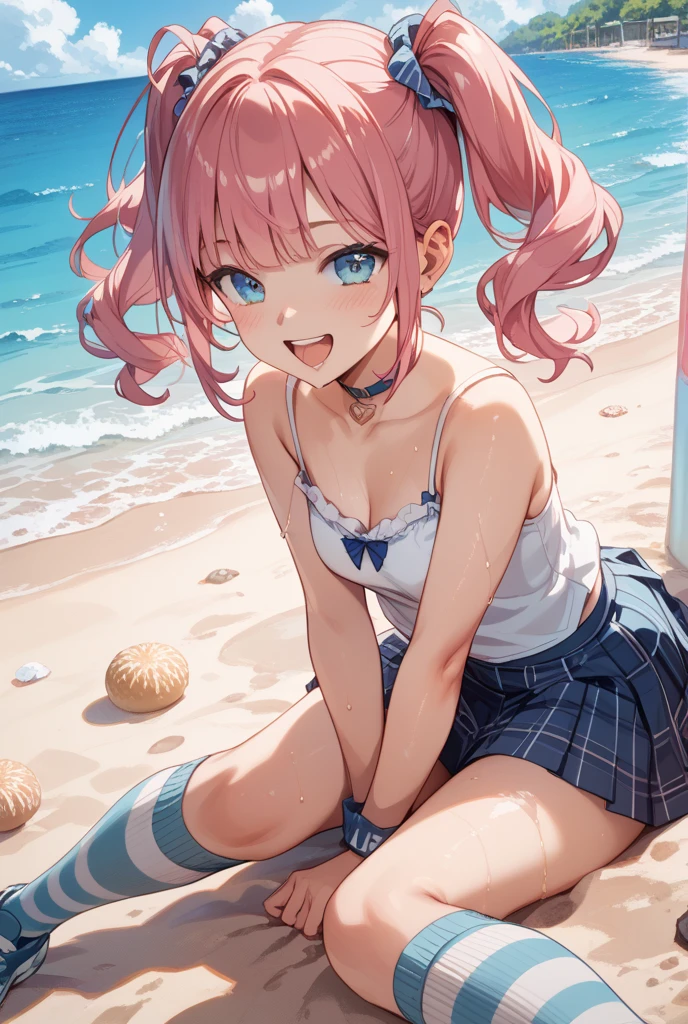 (best quality, 4k, 8k, highres, masterpiece:1.2), Pink Hair、Shorthair、breasts are beautiful and big。There is a large tree。Step on that big tree with your legs spread to the left and right.。and smile、Support your body with your hands in front of you。high quality sailor uniform、