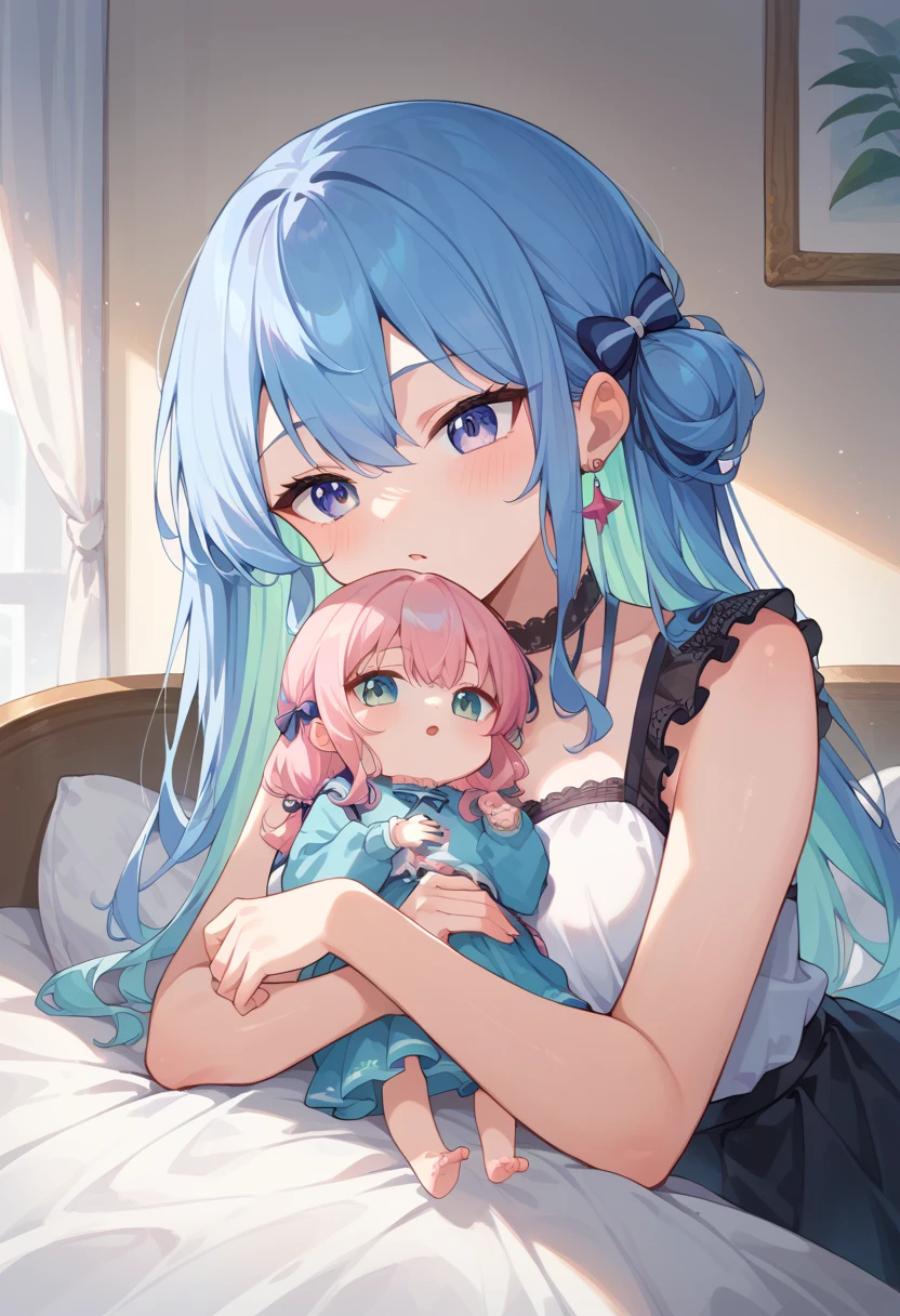 handsome older WOMAN,blue-eyes,blue pupils,Long pink hair,Hyperresolution,accuracy,Detailed rendering,(Subtle facial image)(Image of fine hair)(topquality)(Masterpieces of masters)(High degree of completeness)(A sense of atmosphere)tmasterpiece,Super detailed and super detailed(half-body portrait), long wavy pink hair, (((tHICK WAVY HAIR)))(((ANKLE LENGTH HAIR)))(((Blushing)))(((Huge breasts)))(((LARGER BREASTS))) large breasts, bigger breasts (((Bigger breasts))) (((Blushing))) (((Sakimichan))) (((Pink hair)))(((Focused))) (((Hair in a long ponytail))) (((Ponytail))) (((elf ears))) (((Smiling)))(((Queen with baby)))(((Mother holding baby with green eyes))) (((Holding baby)))(((Baby has green eyes and blue hair)))