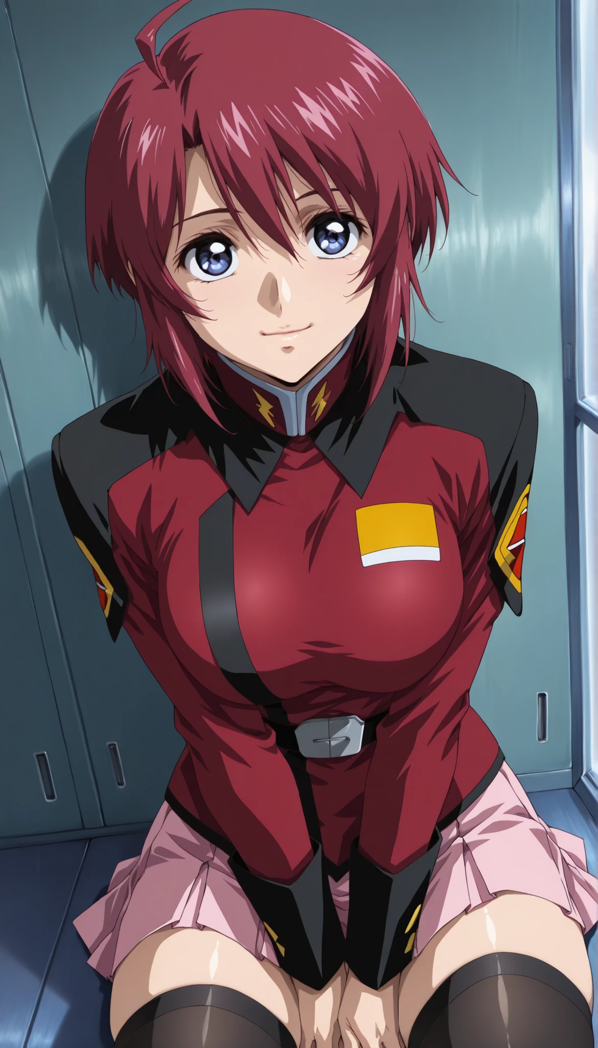 score_9, score_8_ up the side, score_7_ up the side, score_6_ up the side, score_5_ up the side, score_4_ up the side,Anime coloring, source_Anime,(masterpiece:1.4),solo,(完璧な人間の女性:1.4),young female,anime, 美しい女性の顔,NSFW,portraits, 8k,realistic,big eyes,(feature large highlight:1.4),(big highlight:1.4),(Aesthetic Anime Eyes:1.4),(口を閉じる:1.4), (closed mouth:1.4),daytime,rating_explicit,upper body,Luna Maria, ,1 girl,Alone,blue eyes,Red Hair, ahoge,short hair,stupid hair,destiny red jacket,belt,pink miniskirt,pleated skirt,black thighhighs,cameltoe,black thighhighs,grin,(large breasts:1.4),game cg,dutch angle ,beautiful detailed eyes,(light smile),hand between legs,