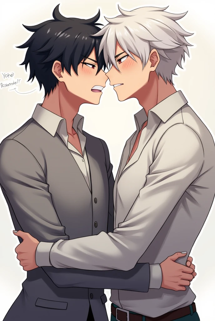 atsushi and akutagawa from bungo stray dogs playfully kissing. Draw them as they are depicted visually in the Bungo Stray Dogs anime.