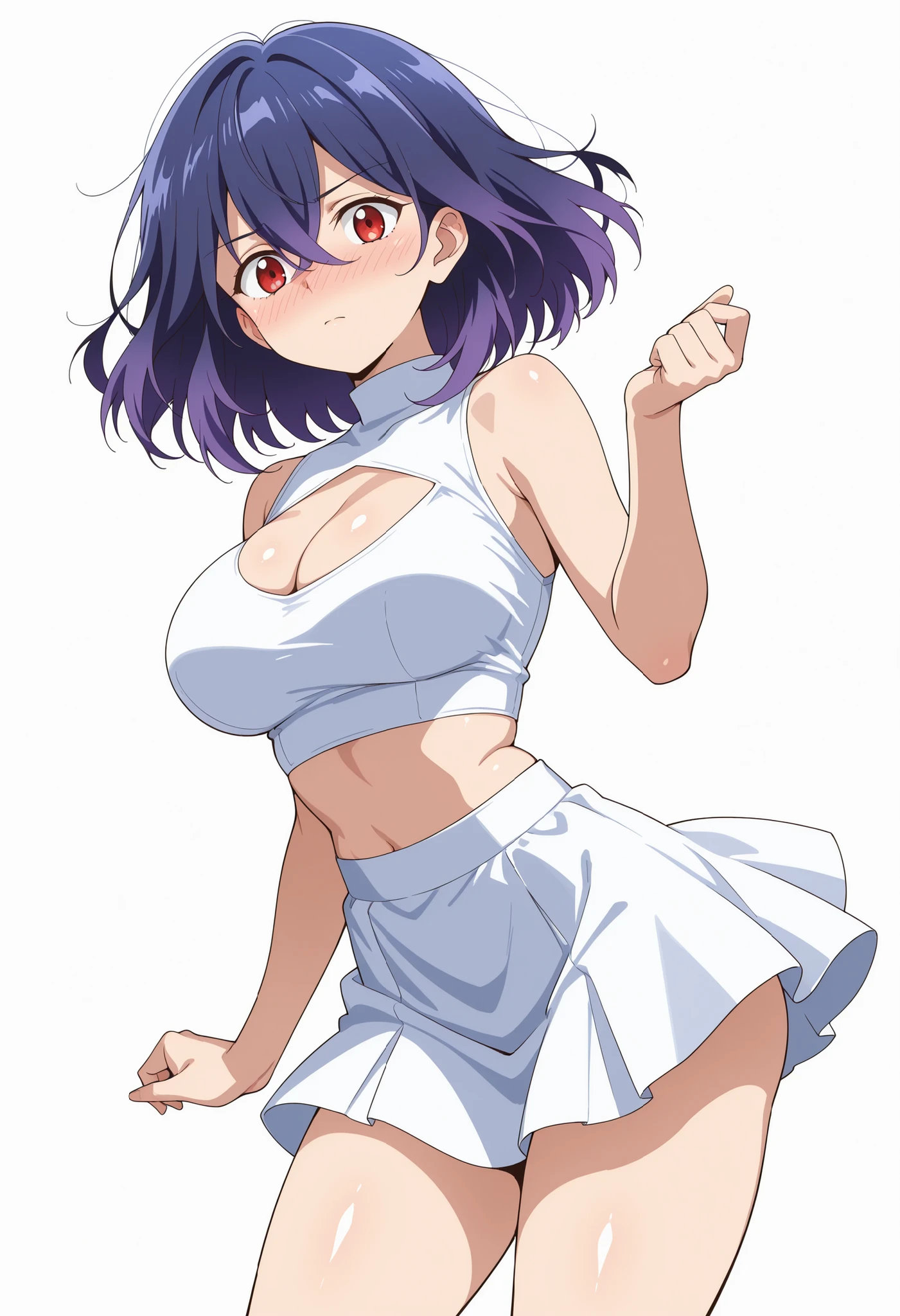 score_9, score_8_up, score_7_up, source_anime,
vermeil,
vermeil, red eyes, hair between eyes, blue hair, purple hair, multicolored hair, medium hair,
looking at viewer, cowboy shot, solo, dutch angle, LARGE BREASTS, white cat-themed crop top with a cat-shaped cutout, tight white mini-skirt accentuating her slim waist and thick thighs, ultra-detailed anime style, masterpiece, 8k, high resolution, WHITE BACKGROUND, EMPTY BACKGROUND, POSING, ,bubble breasts, looking at viewer, shiny skin, shiny hair, shiny body, clear body, nose blush, BREAST FOCUS, POSING, CLEAVAGE, DYNAMIC POSE, NICE LEGS, COWBOY SHOT, cowboy shot, NOSE BLUSH,. , white background, dynamic pose,, opaque clothes, ,,, white background, dynamic pose, SOLO, , COWBOY SHOT, nice legs, POSING, STANDING UPRIGHT