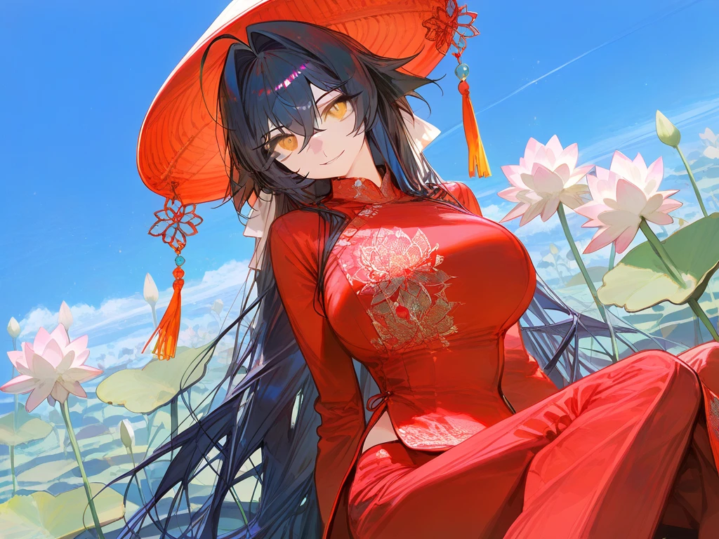 A woman wearing Chinese clothes, in a Chinese landscape, big breasts, black hair, red eyes, smiling.