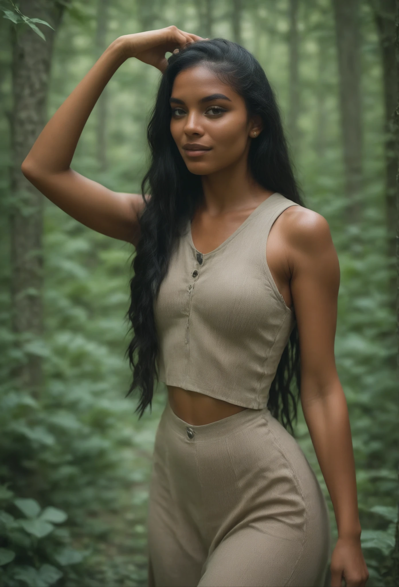 ((Girl with red wavy hair tied in a braids 9.0)) ((brown eyes)) ((black tanktop 9.0)) ((black shorts 9.0)) ((in the jungle 9.0))