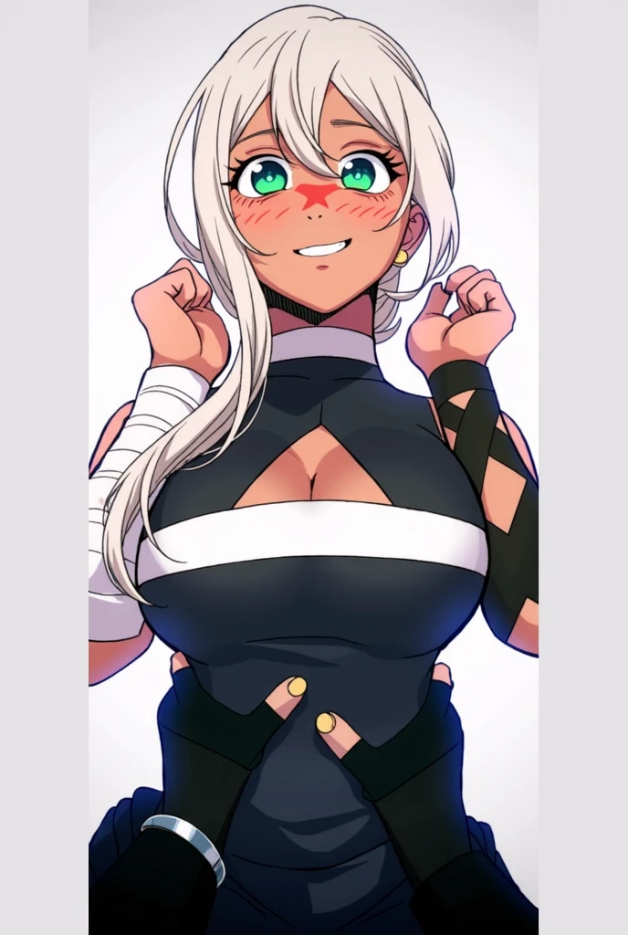 score_9, score_8_up, source_アニメ,Silver Hair,Center-parted bangs,long hair,very big breast,Eyes closed,smile,((1girl)),shiny skin,Heavy breathing,Lewd,Erect nipples,gloves,latex,High leg,Expose,front view,Ninja,Armpit Show,Sweaty,open pussy