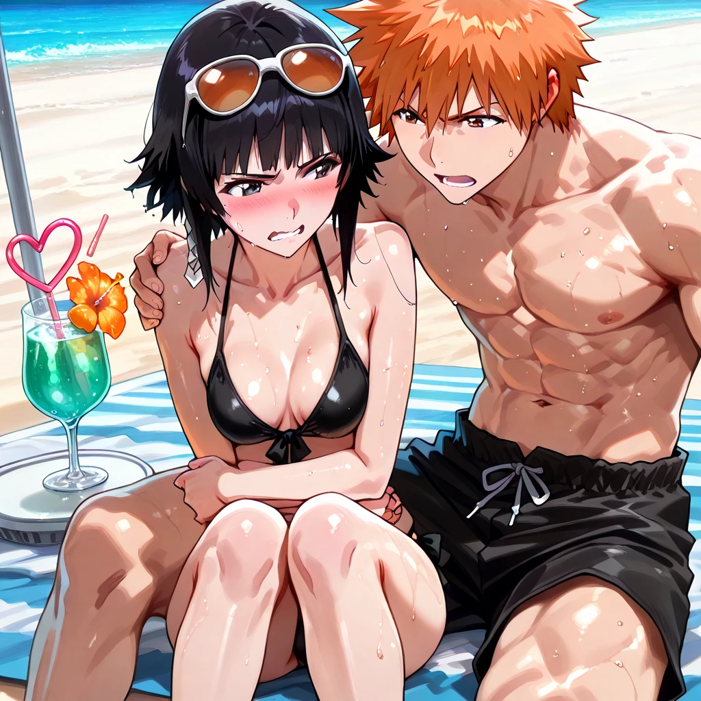 masterpiece, high quality, nsfw, two naked muscular men standing on a beach with women at the ocean, kallen stadtfeld, 1girl, breasts, sex, hetero, 1boy, outdoors, nipples, beach, nude, completely nude, sex from behind, blue eyes, red hair, day, tongue, tongue out, ahegao, open mouth, sky, short hair, sweat, ocean