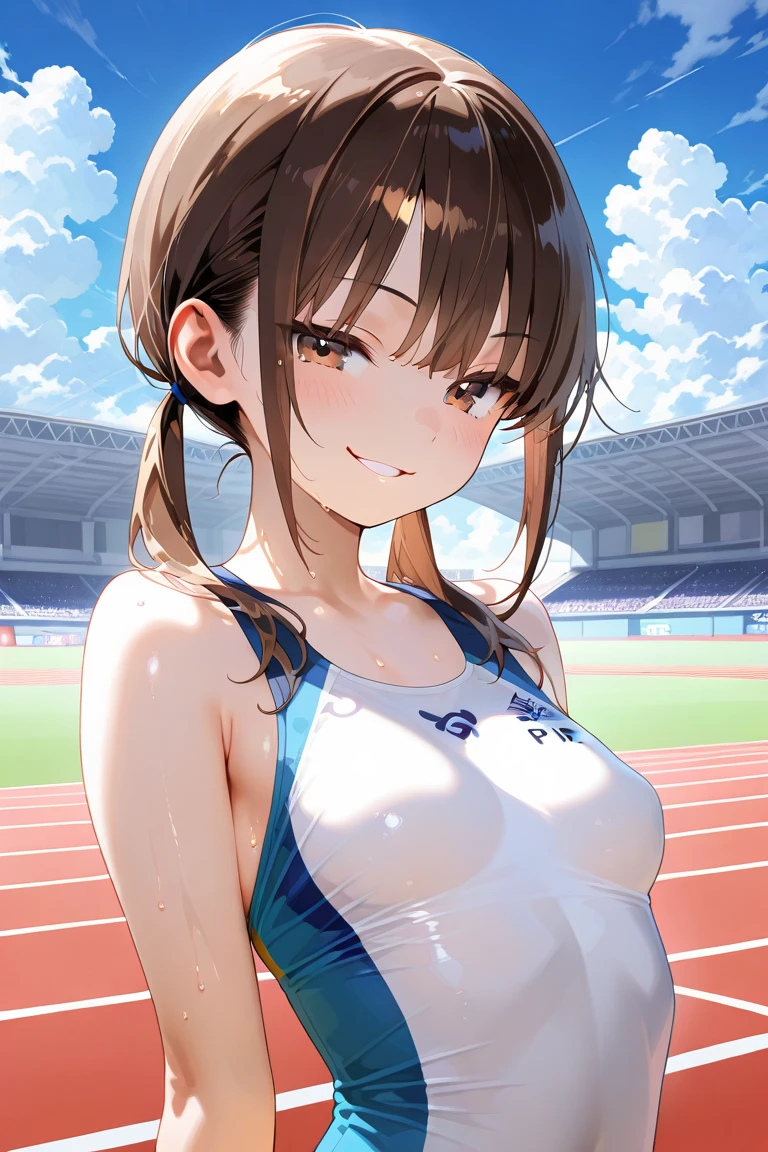 (masterpiece:1.2, highest quality, ultra high resolution, super detailed), (realistic, photorealistic:1.4), beautiful illustrations, (natural side lighting, movie lighting), Depth of the bounds written, fine cloth texture,
looking at the viewer, bust photo, 1 girl, high school girl, perfect face, (perfect anatomy), Cute symmetrical face, , shiny skin, tanned skin,
(middle hair:1.5, ponytail:1.4, messy hair, brown hair), hair between eyes, dark blue eyes, big, droopy eyes, long eyelash, (medium breasts:1.1),
beautiful hair, beautiful face, detailed and beautiful eyes, beautiful clavicle, beautiful body, beautiful breasts, beautiful thighs, beautiful feet, beautiful fingers,
(fine cloth texture, navy truck uniform:1.2, abdomen:1.1),
(beautiful scenery), Summer day, evening, (athletics stadium) (running form:1.3), (smile),