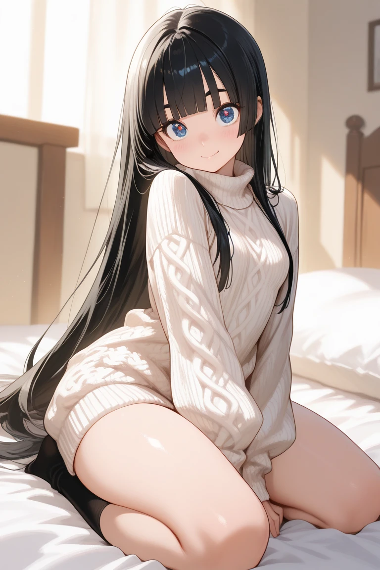 best quality, masterpiece, student outfit, bedroom, sitting on bed, cute, double tail, black hair, blue eyes,