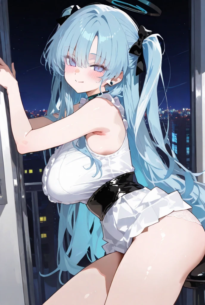 official art, masterpiece, sharp focus, (beautiful gorgeous cute Korean woman:1.3), (beautiful cute korean:1.3), korean beauty, Delicate and beautiful hair and eyes and face, realistic, ultra detailed, beautiful girl, blue sky, glow white particle, (sidelighting:1.2), sun light, white cloud, detailed clouds, slender, Lovely medium breasts and hips, smile, ((smile with eyes, open both eyes)), scenery, long straight hair, sexy facial expression, building, (cityscape:1.7), dynamic hair, long straight hair, detailed platinum blue hair, glow blue eyes, stockings, pale skin, hair ornament, epic scenery, naked, high heels