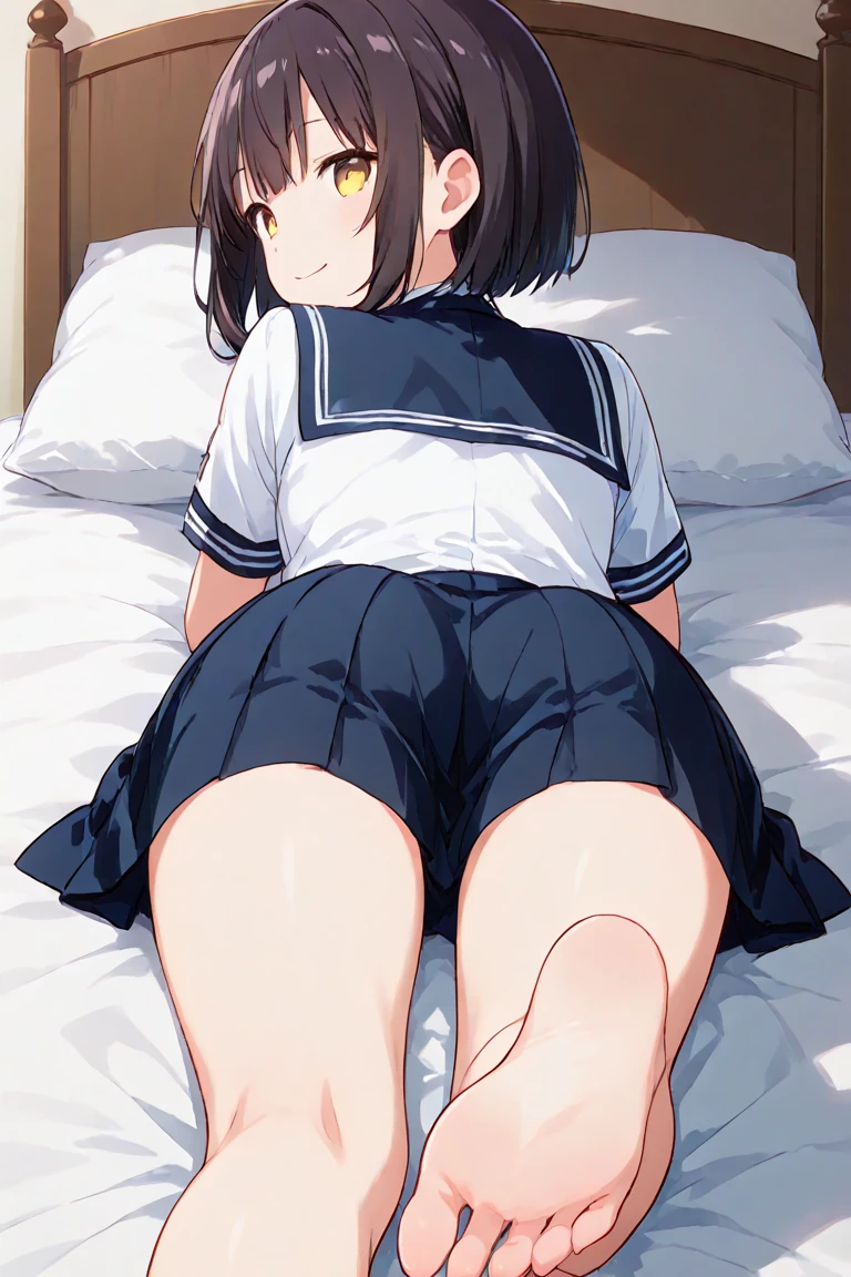 girl、Bite into panties、light brown shorthair、White sailor suit with light blue collar、red blush、got up、He looked at me shyly.