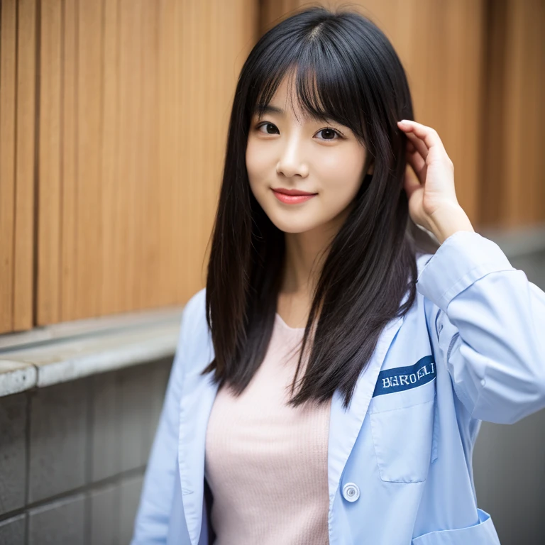 Dental hygienist wearing purple medical scrubs Japanese woman in her early 20s with black hair Upper body close-up smile Shooting outside Harmony々