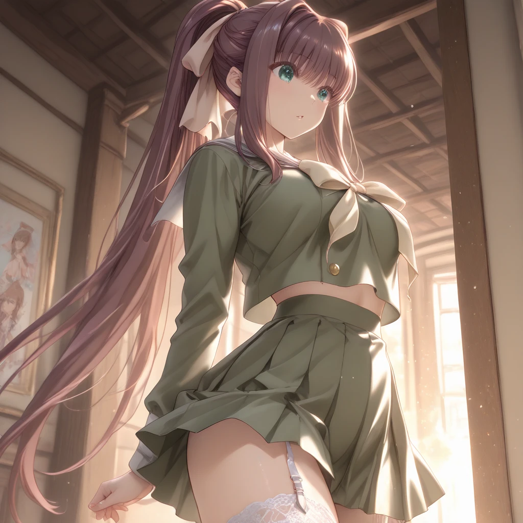 An attack action in which the head is positioned low, the upper body is twisted, and one leg is kicked straight up..Standing Split, (Masterpiece)), ((Super detail, top quality, high resolution, 8k wallpaper), (Full body, 1 girl), (Pink hair, long hair, straight hair, both sides up)) (Green eyes), 18 years old. Kung fu action.