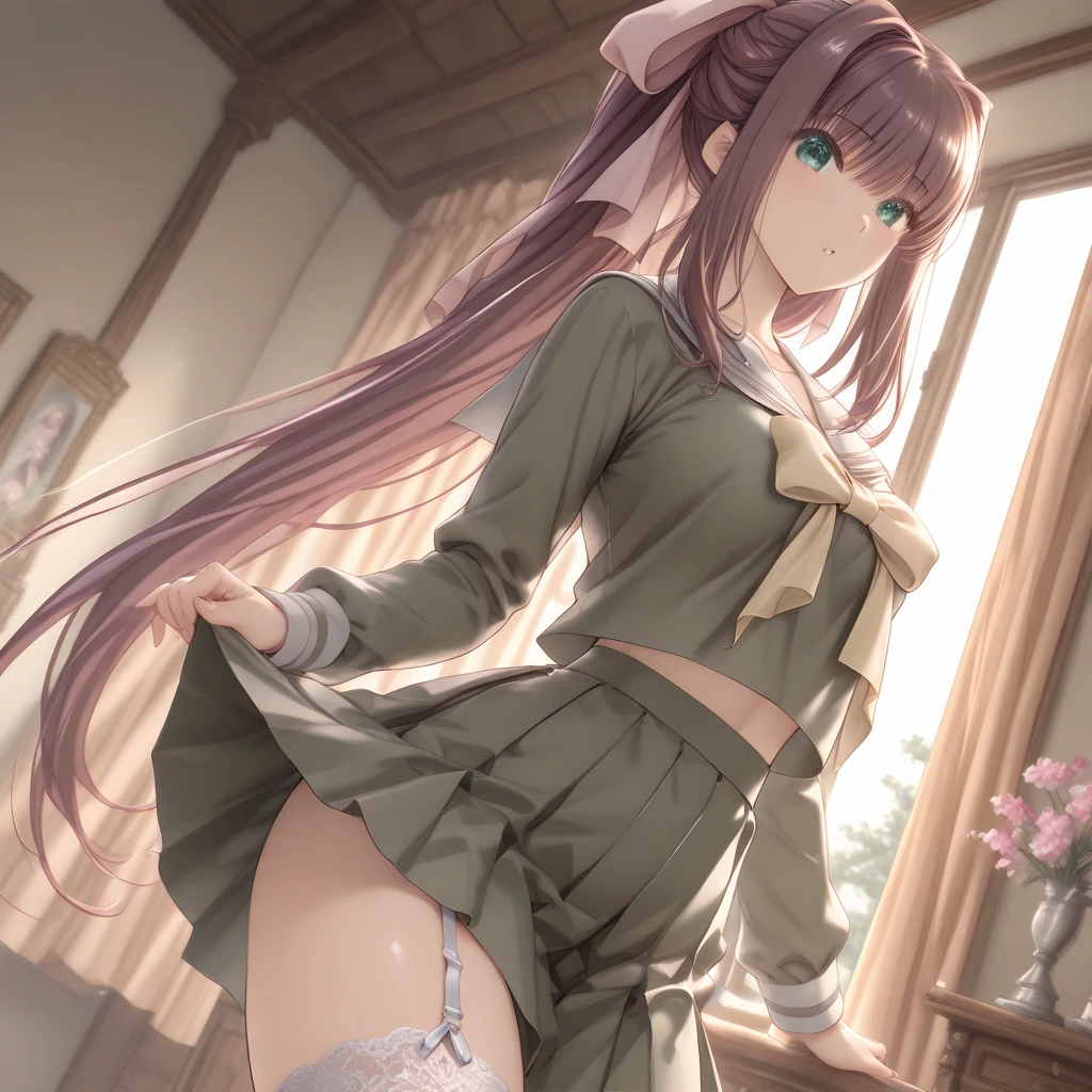 brown eyes,long hair,clover hair ornament,ahoge,blue jacket,white dress, long sleeves,green bow, black thighhighs,sneakers,amamiya mimori,dress lift, panties,indoor,slender legs,