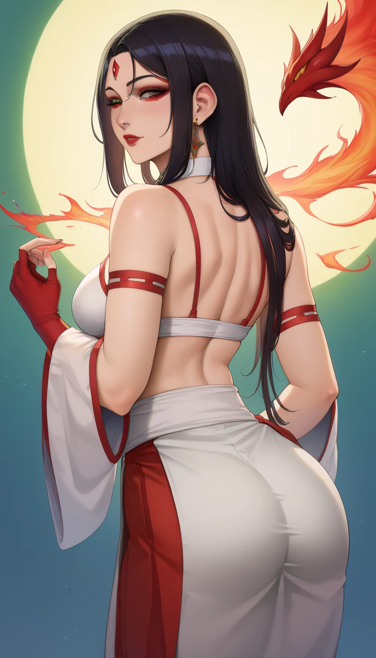 In a dimly lit room, a young woman stands confidently, her back adorned with an intricately detailed fox tattoo. The tattoo, depicting a mystical fox with its tail gracefully entwined, adds an air of enigma to her already captivating presence. She is dressed in a vibrant red silk slip, accentuating her volupt
