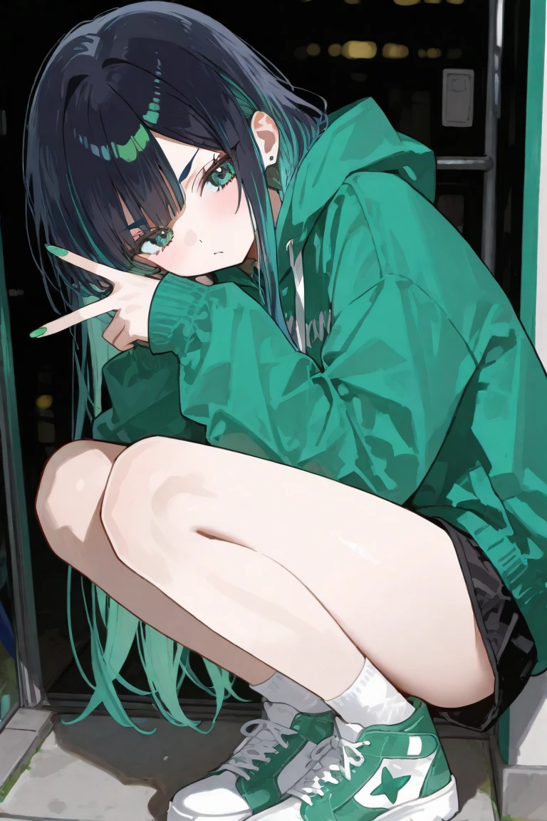 highest quality、highest quality、Super detailed、perfect face、perfect human body、concentrated、perfect eyes、Enough 2 books、pieces fly、very delicate and fine、1 boy、long black hair、Hair up to the waist、hair is mint green、light blue eyes、detailed face、fine eyes、pupil concentrated、Wearing a big black hoodie、black pants、sneakers、moon in the background、night、detailed background