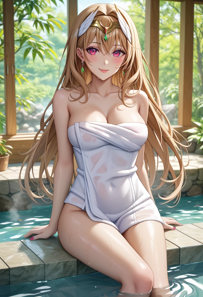realistic, hyper detail,very precise detailed,ultra high resolution,extremely detailed CG unity 8k wallpaper,(Realistic,Photorealsitic,hyper realisitic:1.5), (NSFW:1.3),smile,blush,girls only, Longhair, dynamic lighting, ((bold imaginative poses)), (Glossy skin:1.5), masterpiece, highest quality, disorganized, Audience,(Wearing a bath towel:1.4), (orange hair:1.4),(crown half up hair:1.5),(orange eyes:1.4),(spread your legs:1.4),((beautiful, fine eyes:1.3)),(wet clothes:1.4), thin, High resolution, sharp focus, Depth of the bounds written, eye for detail, clear eyes, ((Aesthetic Anime Eyes:1.4)), outdoors, sunrise sky,Open-air bath at a long-established hot spring inn,(Wearing a bath towel:1.4)