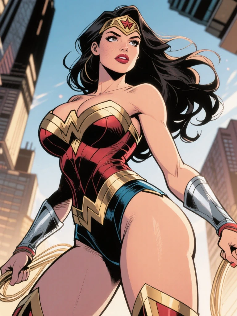 (((A comic style, cartoon art))), A comic book-style image of Wonder Woman, with her as the central figure. She is standing with her hands on her hips, looking straight ahead with determination. She wears a red, blue and gold outfit, (((Hot body, sexy, camel toes))) with a white star on her chest and a golden tiara on her forehead. She has long, straight dark hair, blue eyes and red lips. She is surrounded by a city in ruins, with destroyed buildings and smoke. She has a serious and confident expression, as if she is ready to fight evil. higly detailed.