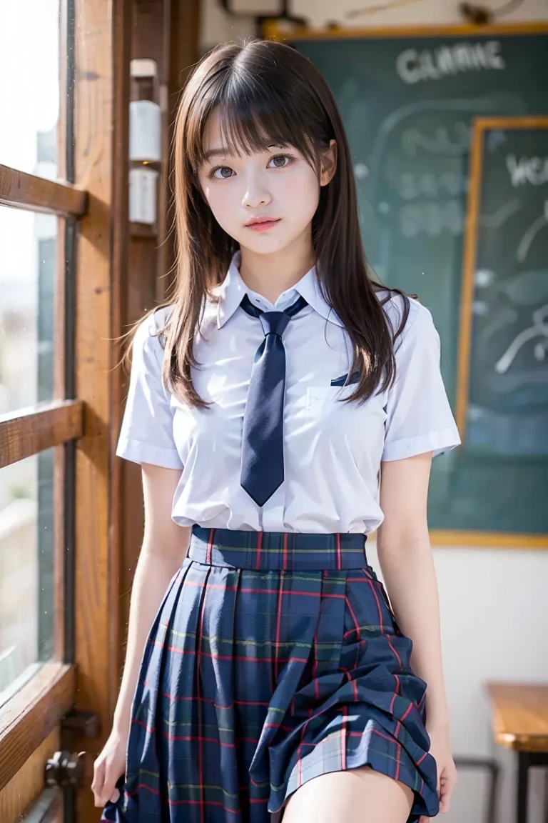 1young girls, extremely detailed CG unified 8k wallpaper, Highly detailed, High-definition raw color photos, Professional Photography, Realistic portrait, Cinematic Light, Bangs, (High School Uniform, Pleated mini-skirt:1.3), School, crass room,Sitting at a desk