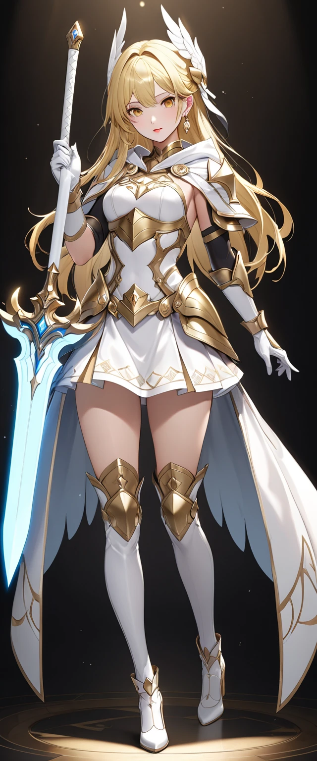 Girl with long silver hair, French braid and golden eyes,silver forehead protector,Chest,cleavage,Pitch black armor,Hand guard,Iron skirt,Bare Legs,Jet black iron boots,cross sword,Standing,moon,starry night