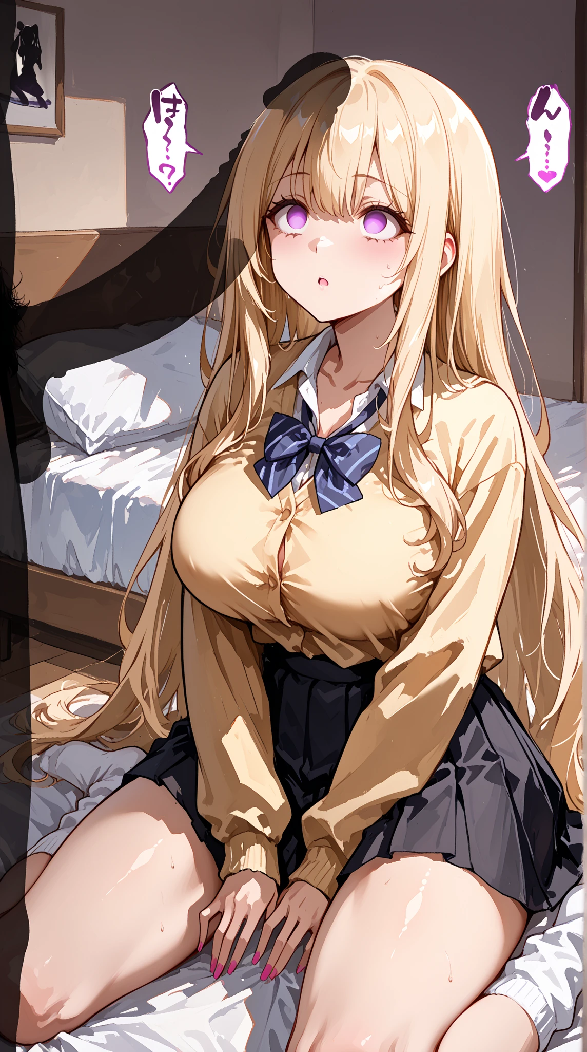 Two-dimensional beauty、beautiful、Blonde woman、skirt、Licking a man、Put your penis in your crotch、Sex、Large Breasts、All buttons are disconnected、naked、On the bed、Shyness、Sweat、Drooling、violated