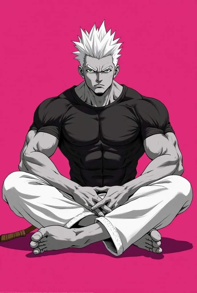 ((((((Low saturation)))))),1man,strong man,toned abs,evil smile,white hair,short hair cut,white shirt,looking at the viewer,Angle from below,angle from front,dramatic shadow,standing pose,crossing hand,simple background
