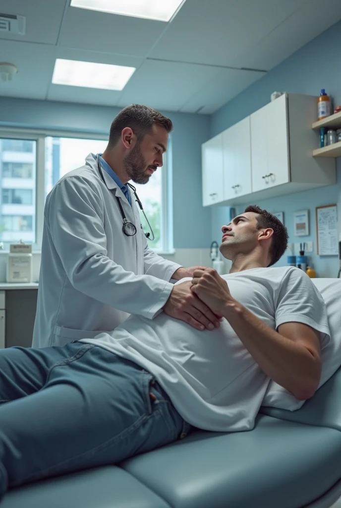 Doctor examining the body of a strong young man in white underwear lying on the bed.