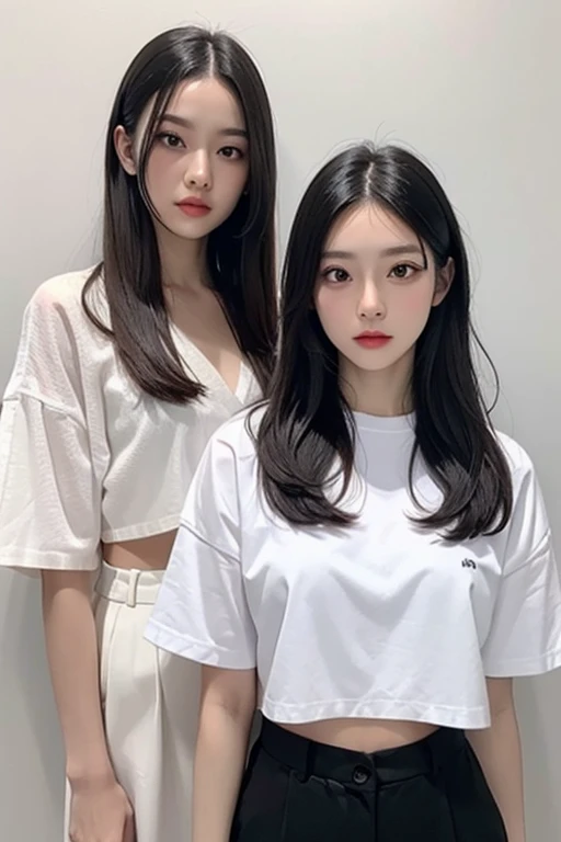 absurdres, RAW photo, extremely delicate and beautiful, masterpiece, Best Quality, ultra high resolution, 32k, hyperrealistic, ultra-detailed, delicate facial features, beautiful detailed woman, tearful mole, earring, medium breasts, full body shot, medium hair, black hair, cap, T-shirt, baggy shorts, 2 girls,