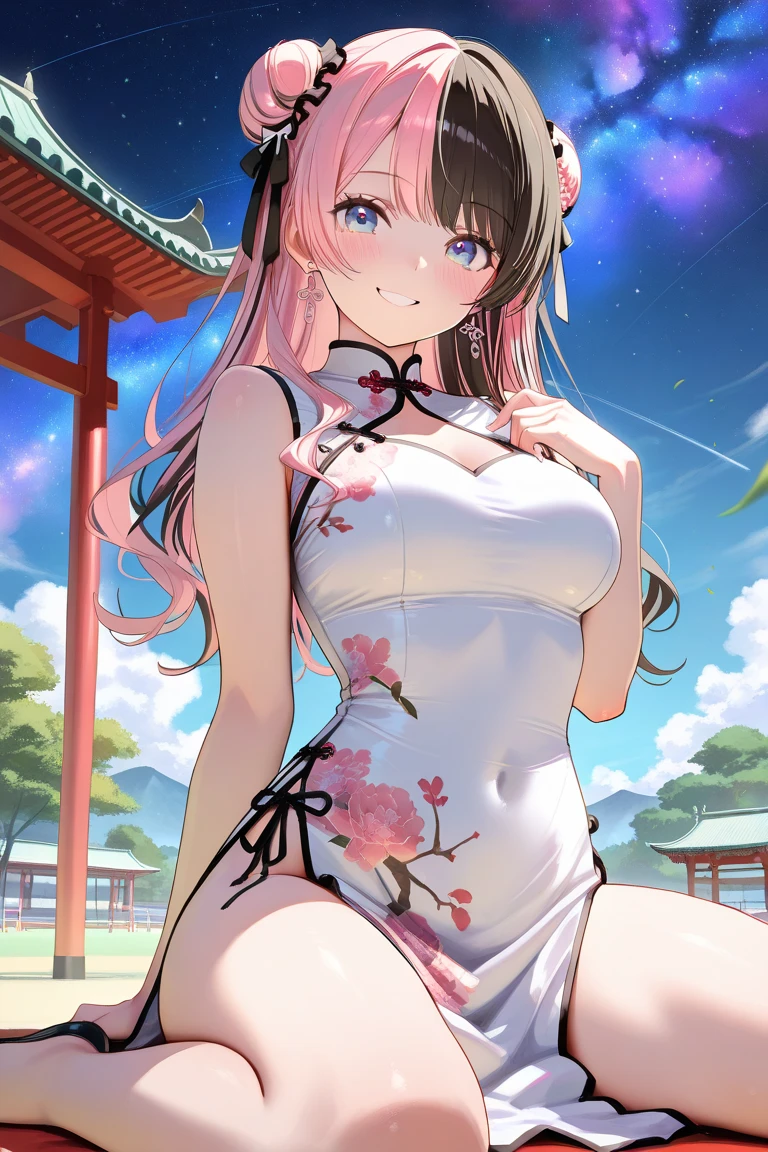 Highest quality、Very delicate and beautiful、Very delicate and beautiful、(Beautiful eyes)、Pink Eyes、I、I、、13 years old 、Japanese、、Chiquita、(armor)、(Black Hair)、((Pink leotard))、(High leg)、Tiara on head、Laughter、standing、Look forward、((The background is outer space))