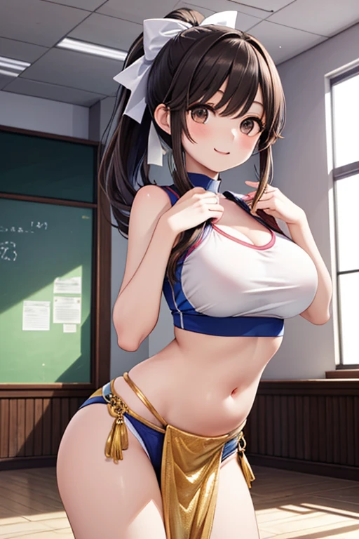 white large plainTshirt)),((Navy blue bloomers)) 、huge breasts、ponytail, japanese girl, 8K, ((full body shot)), highest quality, masterpiece, realistic, Photorealistic super detail, one girl, cute, best smile, beautiful eyes, long hair, perfect face,full body shot