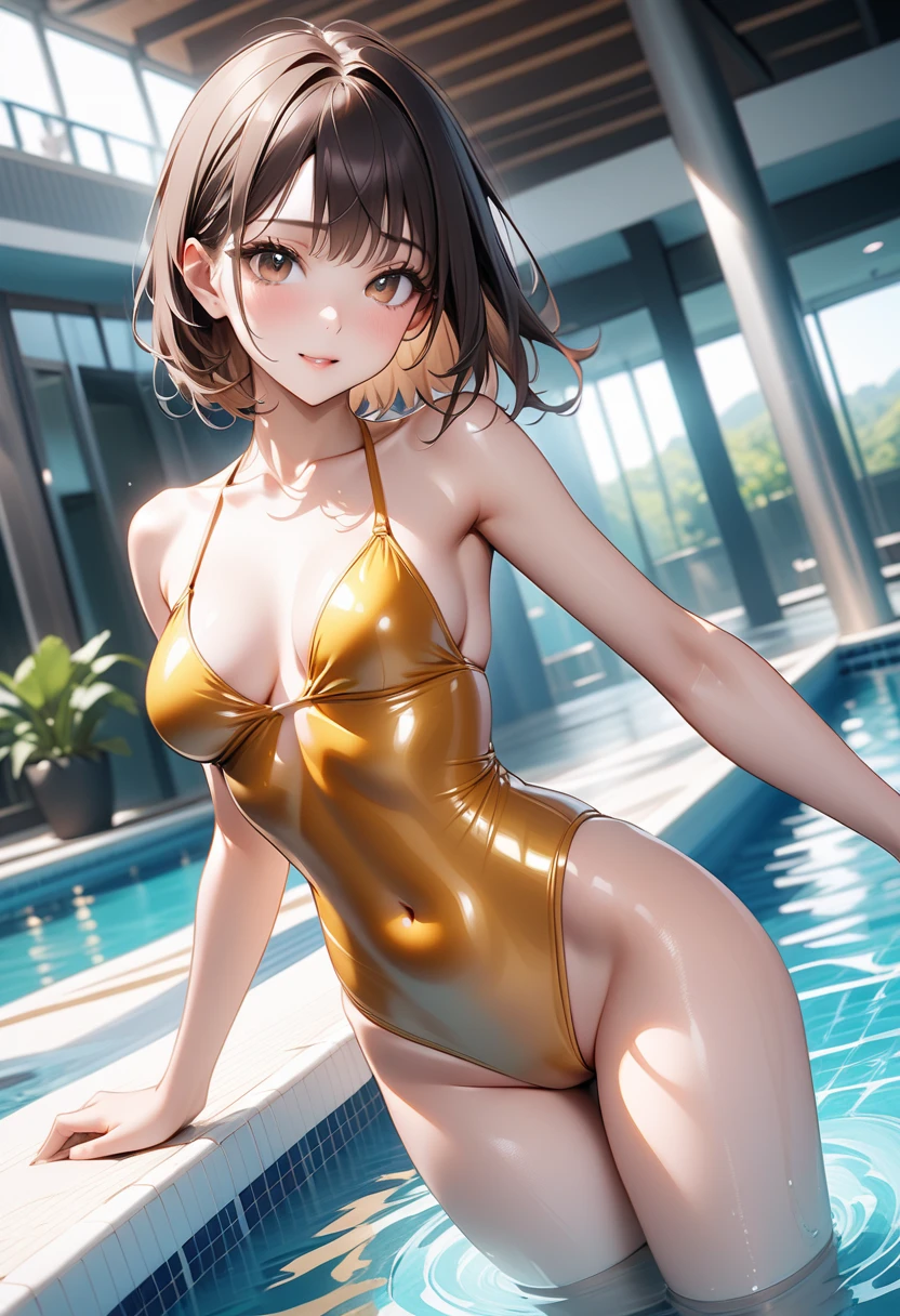 Top image quality、top-quality、8K picture quality、1girll、full body Esbian、Haze、A smile、embarrassed from、red blush、Beautiful fece、light brown hair、poneyTail、(Tie your hair with a yellow ribbon:1.2)、Colossal tits、(Gold Metallic:1.4)、(Sleeveless)、(High neck competitive swimsuit)、(highleg)、(Crotch penetration)、(pin heels)、((squatting open legs))、((arms behind head))gazing at viewer、((Face the viewer))、((Show viewers your crotch)) 、((Frontal shot))、in poolside、profetional lighting、professional photograpy