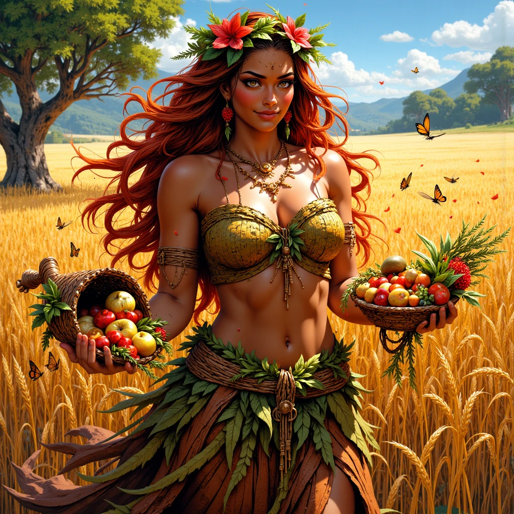 Artistic painting: A woman with beautiful hair in Berber clothes. I hold in her hands a jar of wine in the ground. It looks like it is from Roman times. Her feet are barefoot dancing on grapes, pomegranates, and strawberries. On her back is a tattoo and an anklet on her leg. A beautiful sight that pleases the viewers with the sun’s rays.
