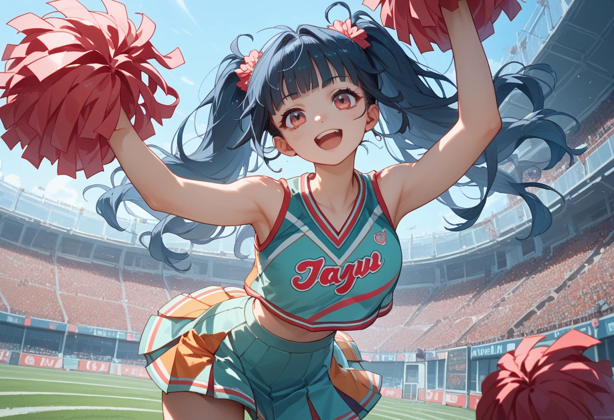 (Highest quality, 8k, 32K, masterpiece, Ultra-high resolution,:1.2),to be born, One Girl,So cute , Fantasy background like a ground, clear, Shining Eyes, Age 20 ,Fair skin, Girl with black hair, A beautiful girl like a fox, Cheerleader, Slanted Eyes, An innocent smile, Grin, mini skirt,short hair, Short Hair