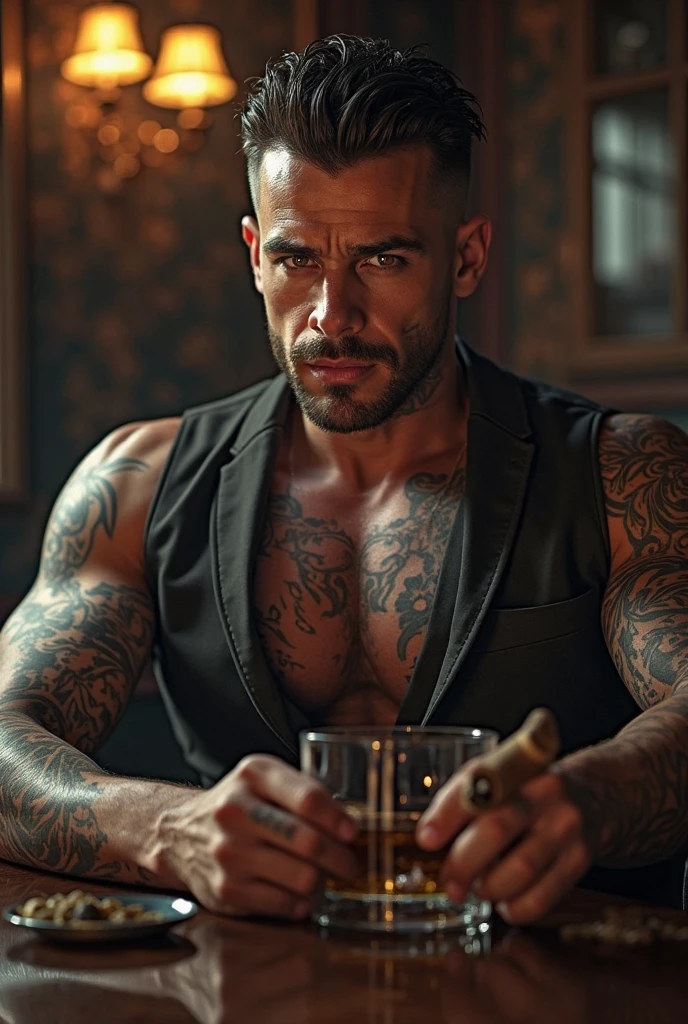 young 2 sexy Rudo gangster with black hair shaved on the sides with braids brown eyes thick lips athletic body masculine energy and sexy defined chin trimmed beard colored tattoo marked biceps wears black colored man Muslim style lying on a bed naked without pants and with a glass of wine in his hand