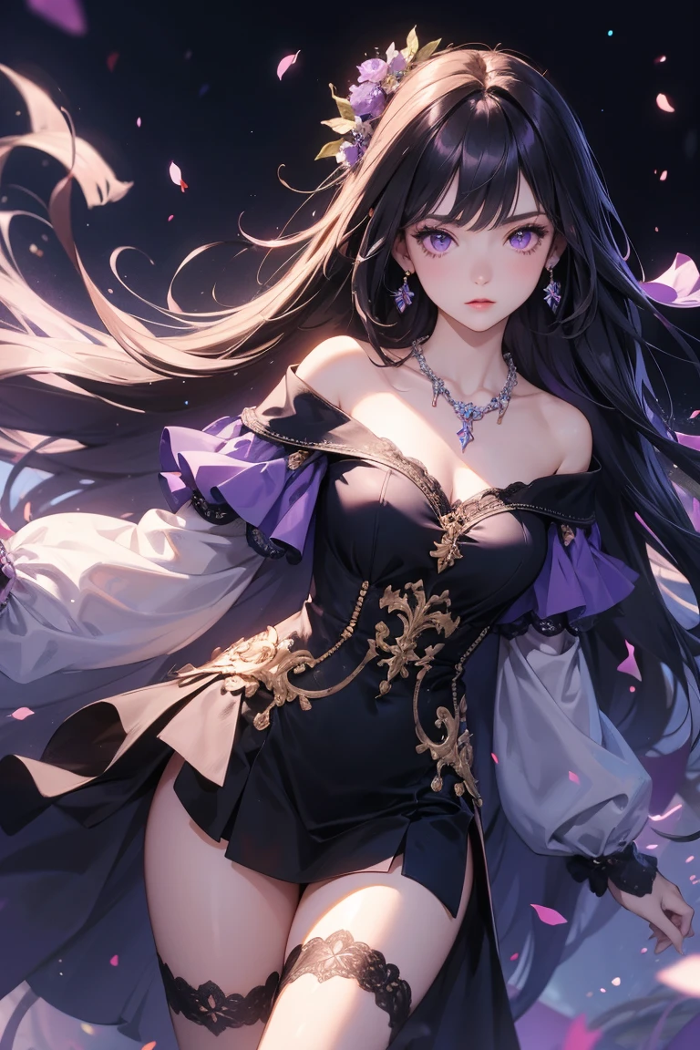 1 girl, (((ultra - detailed))), ((tmasterpiece)), ((illuminations)), plum, starlights, Black gorgeous dress, Curvy woman, veils, sliver long hair, Fair skin, Sagged Eyes, Starry eyes like the night sky, Belly up, facing the front there，Lace，
